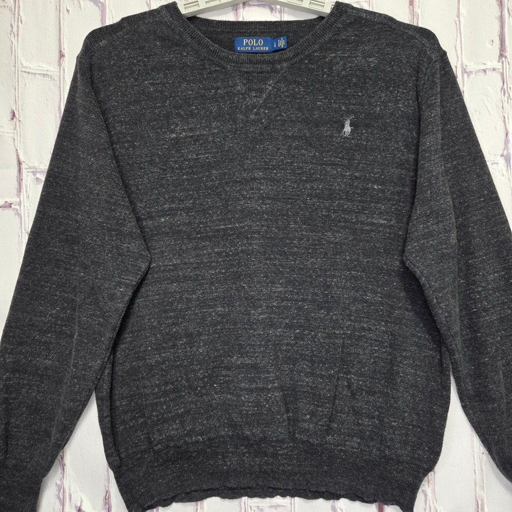 Polo Ralph Lauren Mens Charcoal Gray Heathered Cotton Crewneck Sweater Large LG